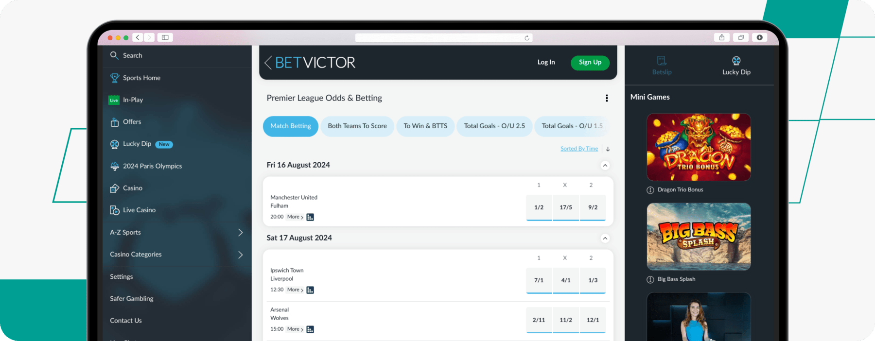 screenshot of betvictor premier league betting odds