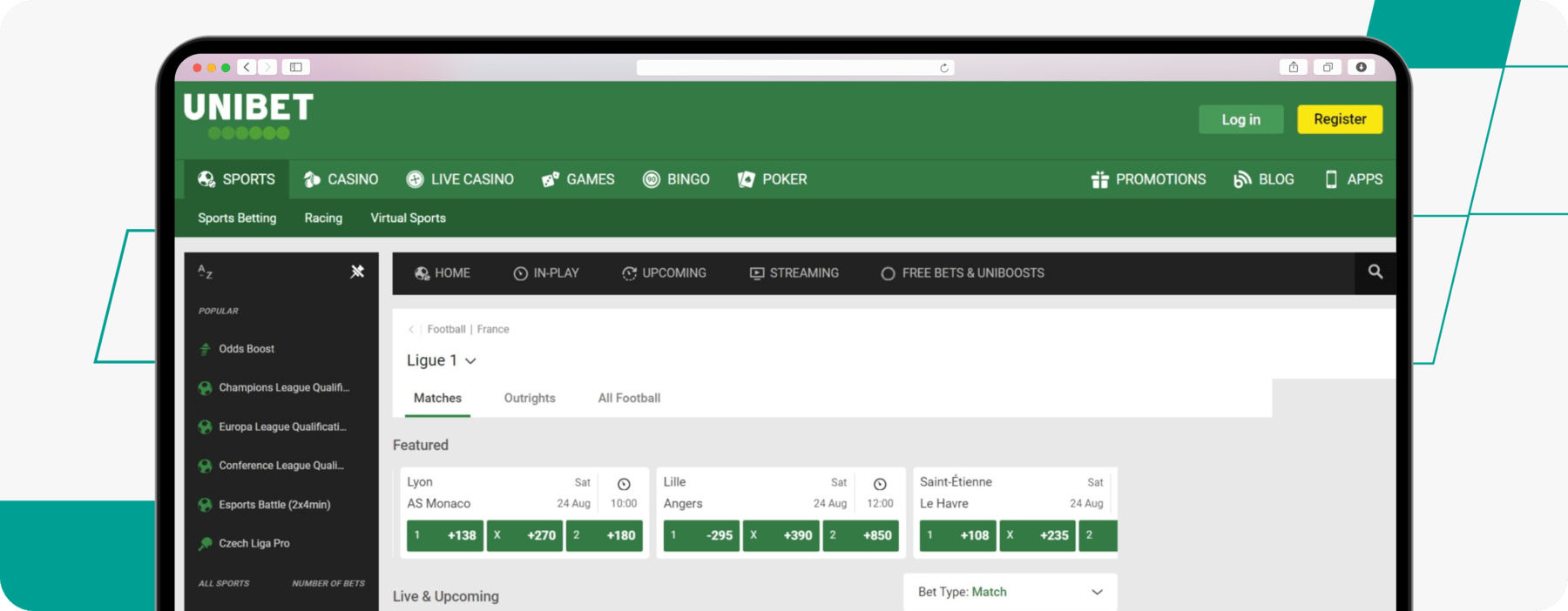 screenshot of unibet ligue 1 odds